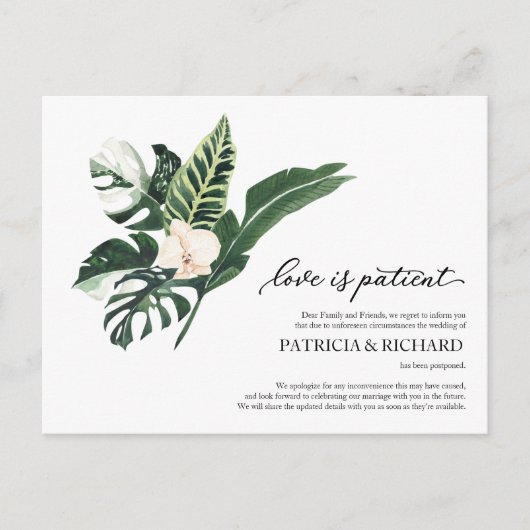 Love is Patient Tropical Wedding Postponement Briefkaart (Voorkant)