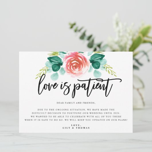 Love is Patient Wedding Postponement Aankondiging (Staand voorkant)