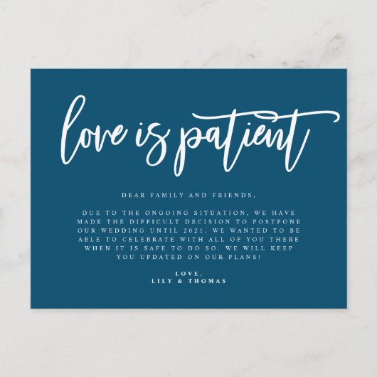 Love is Patient Wedding Postponement Aankondigingskaart (Voorkant)