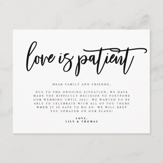 Love is Patient Wedding Postponement Aankondigingskaart (Voorkant)