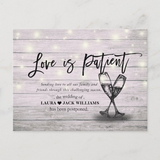 Love is Patient Wedding Postponement Reschedulated Aankondigingskaart (Voorkant)