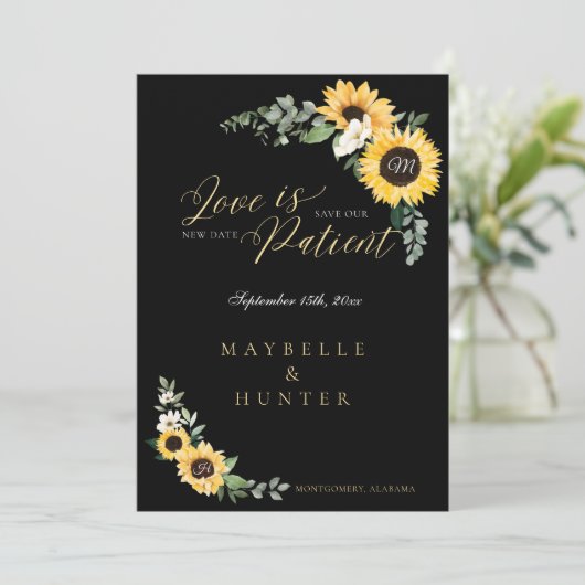 Love is Patient Yellow Waterverf Sunflower Wreath Save The Date (Staand voorkant)