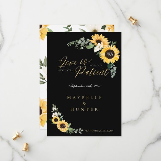 Love is Patient Yellow Waterverf Sunflower Wreath Save The Date (Voorkant / Achterkant in situ)