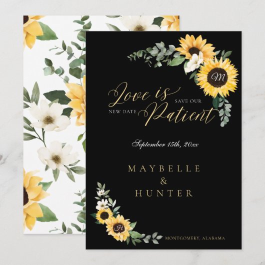 Love is Patient Yellow Waterverf Sunflower Wreath Save The Date (Voorkant / Achterkant)