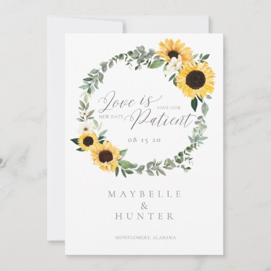 Love is Patient Yellow Waterverf Sunflower Wreath Save The Date (Voorkant)
