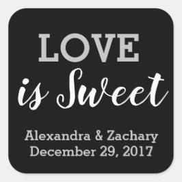 Love is Sweet Black Silver Wedding Engage Favor Vierkante Sticker