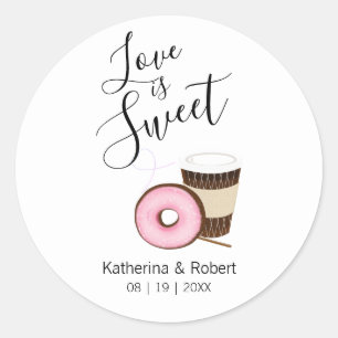 Love is Sweet Coffee and Donut   Weddenschap Ronde Sticker