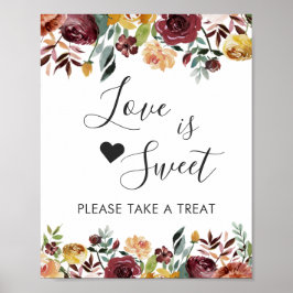 Love is Sweet Dessert Bar Rustic Burgundy Floral Poster