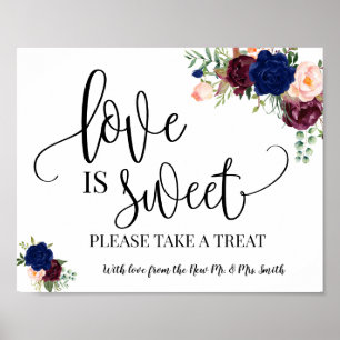 Love is Sweet dessert table bruiloft navy burgundy Poster