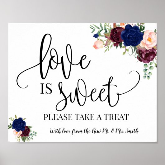 Love is Sweet dessert table bruiloft navy burgundy Poster (Voorkant)