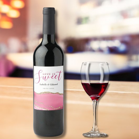 Love Is Sweet Goud & Roze Agaat Steen Trouwen Wijn Etiket