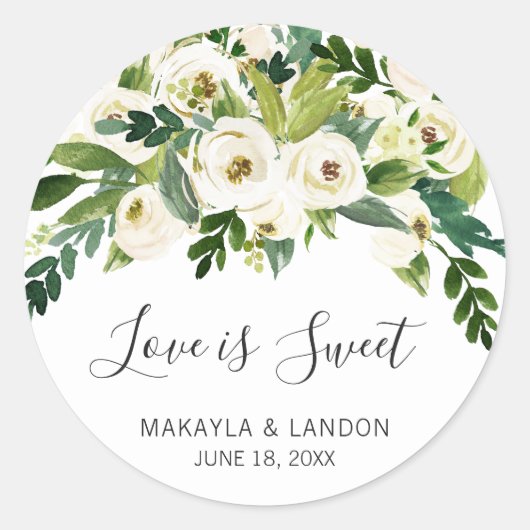 Love is Sweet Greenery White Floral Wedding Ronde Sticker (Voorkant)