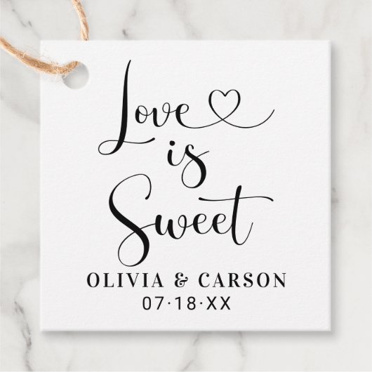Love is Sweet Modern Black Heart Script Wedding Bedankjes Labels (Voorkant)