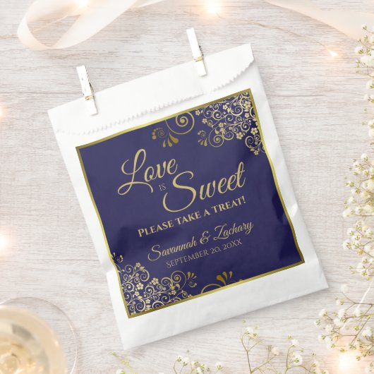Love is Sweet Navy Blue & Gold Lace Wedding Bedankzakje (Geknipt)