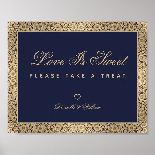 Love is Sweet Navy Blue Gold Rozen Weduwen Sign Poster (Voorkant)