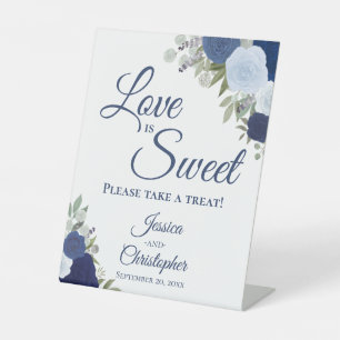Love is Sweet Neem een Treat Dusty Blue & Navy Roz Reclamebord Met Voetstuk