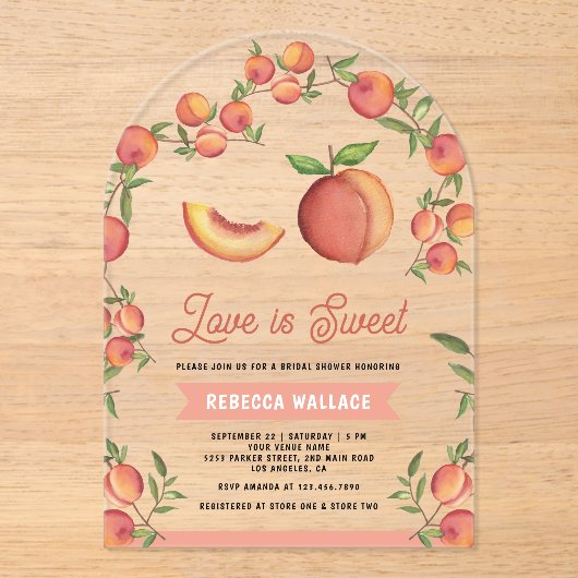 Love is Sweet Peach Fruit Arch Bridal Shower Acryl Uitnodigingen (Voorkant)