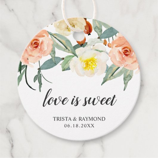 Love is Sweet Peach Waterverf Floral Wedding Bedankjes Labels (Voorkant)