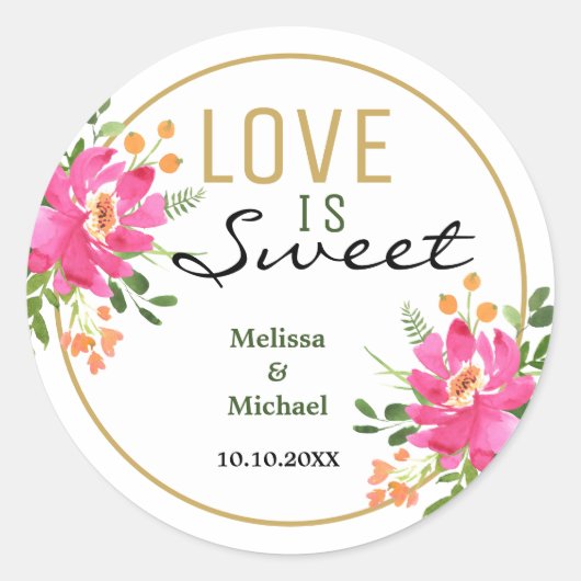 Love is Sweet Pink Floral Wedding Ronde Sticker (Voorkant)