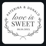 Love is Sweet Rustic Wedding Vrijgezellenfeest Vierkante Sticker<br><div class="desc">Herfst in Love Autumn Vrijgezellenfeest Rustic Wedding. Voeg een leuke kleur en unieke stijl toe aan je bruiloft of vrijgezellenfeest. Een vrijgezellenfeest-gunsttas is een geweldige aanvulling op partijplanning. Deze unieke tassen zullen gemakkelijk als geschenk worden gebruikt en kunnen als een mooie decoratie dienen op je trouwreceptie of vrijgezellenfeest. Het perfecte...</div>