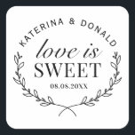 Love is Sweet Rustic Wedding Vrijgezellenfeest Vierkante Sticker<br><div class="desc">Herfst in Love Autumn Vrijgezellenfeest Rustic Wedding. Voeg een leuke kleur en unieke stijl toe aan je bruiloft of vrijgezellenfeest. Een vrijgezellenfeest-gunsttas is een geweldige aanvulling op partijplanning. Deze unieke tassen zullen gemakkelijk als geschenk worden gebruikt en kunnen als een mooie decoratie dienen op je trouwreceptie of vrijgezellenfeest. Het perfecte...</div>
