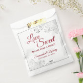 Love is Sweet Silver Lace & Red Script Wedding Bedankzakje (Gezegeld)