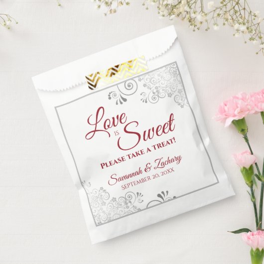 Love is Sweet Silver Lace & Red Script Wedding Bedankzakje (Gezegeld)