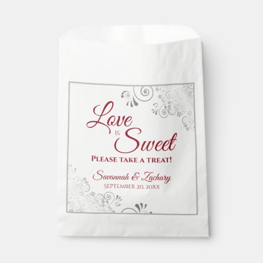 Love is Sweet Silver Lace & Red Script Wedding Bedankzakje (Voorkant)