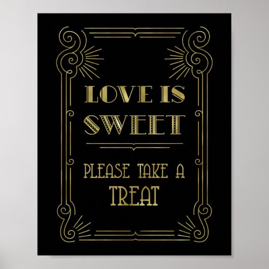 Love is Sweet Snoep Bar Wedding Gold Black 1920s Poster (Voorkant)