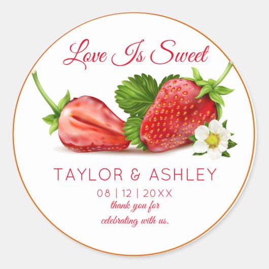 Love is Sweet Strawberry Fruit | Weddenschap Ronde Sticker (Voorkant)
