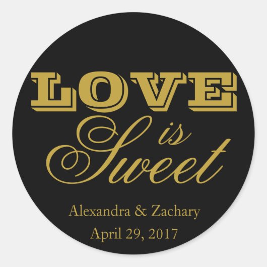Love is Sweet Wedding Favor Sticker Black and Gold (Voorkant)