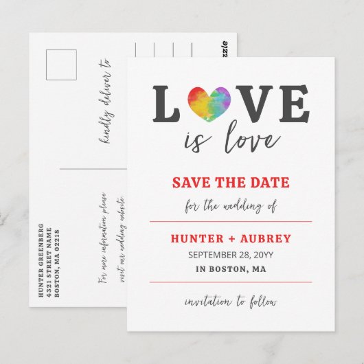 Love is Waterverf Heart LGBT Save the Date Briefkaart (Voorkant / Achterkant)