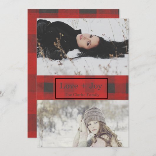 Love + Joy Buffalo Check Two Photo Feestdagenkaart (Voorkant / Achterkant)