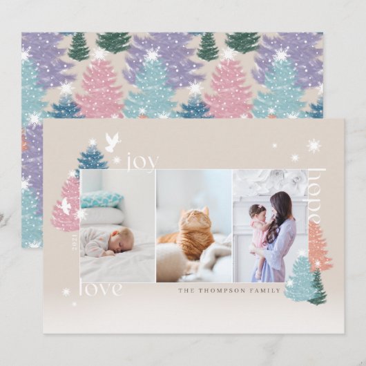 Love Joy Hope Pastel Kerstmis Forest 3 Foto Feestdagenkaart (Voorkant / Achterkant)
