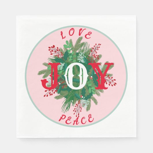 Love Joy PEACE Holiday elegante krans groen rood Servet (Voorkant)