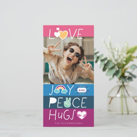Love Joy Peace Hugs Emoji kerstfoto Collage Feestdagenkaart (Staand voorkant)