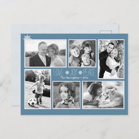 Love Joy Peace Kerstmis Multi Photo Colonial Blue Briefkaart (Voorkant / Achterkant)