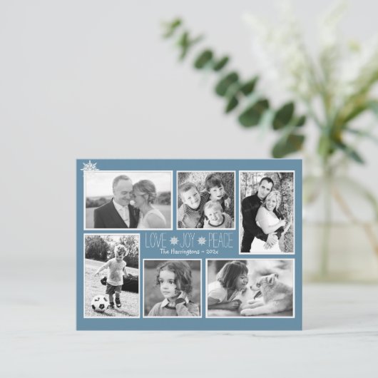Love Joy Peace Kerstmis Multi Photo Colonial Blue Briefkaart (Staand voorkant)
