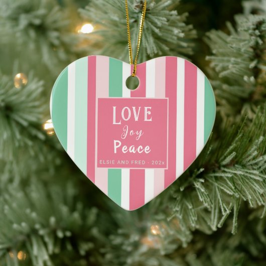 "Love Joy Peace" Pink Mint Heart Keramisch Ornament (Boom)