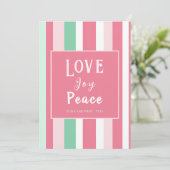 Love Joy Peace Pink Mint Stripes Kerst Kaart (Staand voorkant)