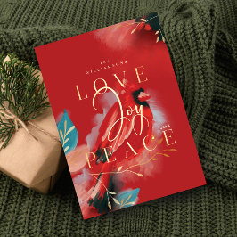 Love Joy & Peace Rode Kardinaal Waterverf Rood Feestdagenkaart