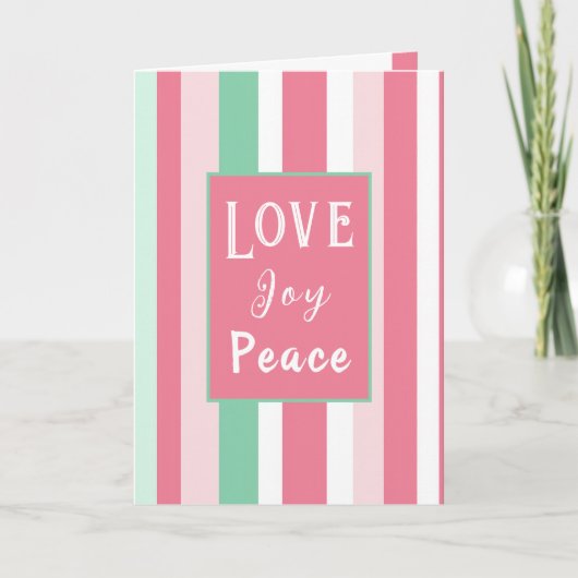 "Love Joy Peace" Roze Mint Strepen Kerstmis Kaart (Voorkant)