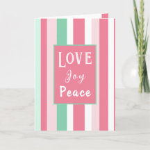 "Love Joy Peace" Roze Mint Strepen Kerstmis Kaart