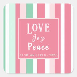 "Love Joy Peace" roze mintstrepen Vierkante Sticker