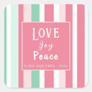 "Love Joy Peace" roze mintstrepen Vierkante Sticker