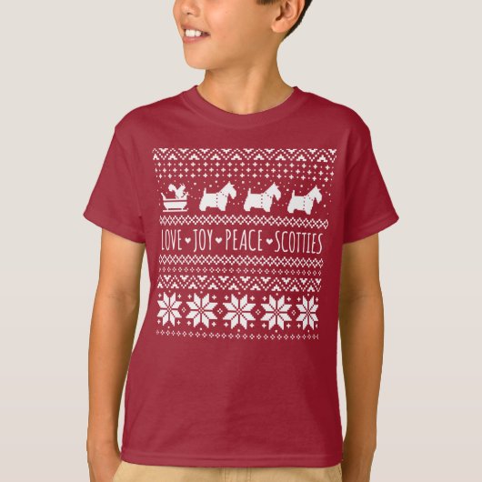 Love Joy Peace Scotties Kerstvakantie honden T-shirt (Voorkant)