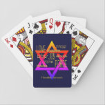 LOVE JOY PEACE Star van David Hanukkah Pokerkaarten<br><div class="desc">Stijlvolle HANUKKAH speelkaarten met LOVE JOY PEACE, inclusief Hebreeuwse vertalingen in gouden typografie tegen een kleurrijke ster van David en middernacht blauwe achtergrond. Alle tekst is , mocht u iets willen veranderen. HANUKKAH SAMEACH is ook klantgericht, zodat kunt u uw eigen tekst creëer of jouw naam of initialen toevoegen. Maak...</div>