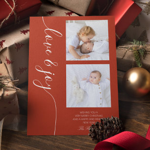 Love & Joy Twee Foto Familie Kerst Terracotta Feestdagenkaart