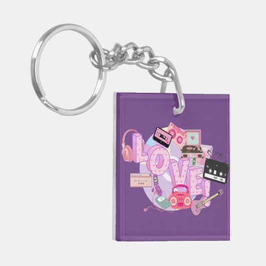 LOVE Keychain – Pink & Purple Retro Music Memories (Voorkant Links)