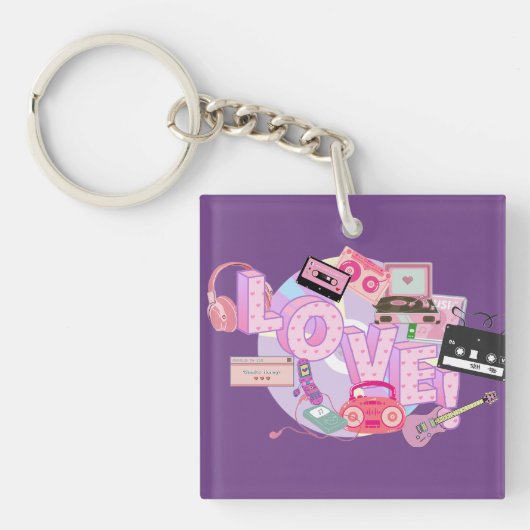 LOVE Keychain – Pink & Purple Retro Music Memories (Voorkant)